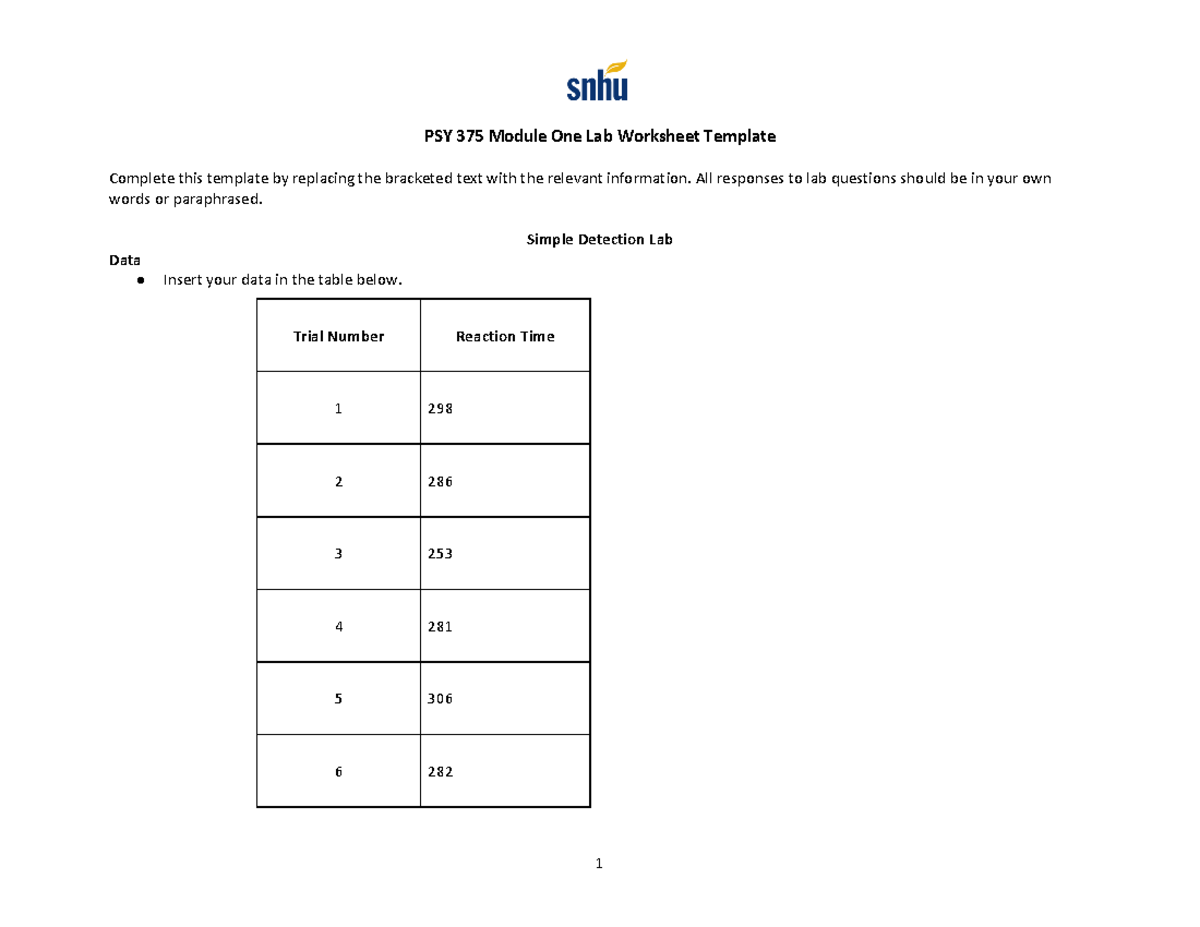 PSY 375 Module One Lab Worksheet Template - PSY 375 Module One Lab ...