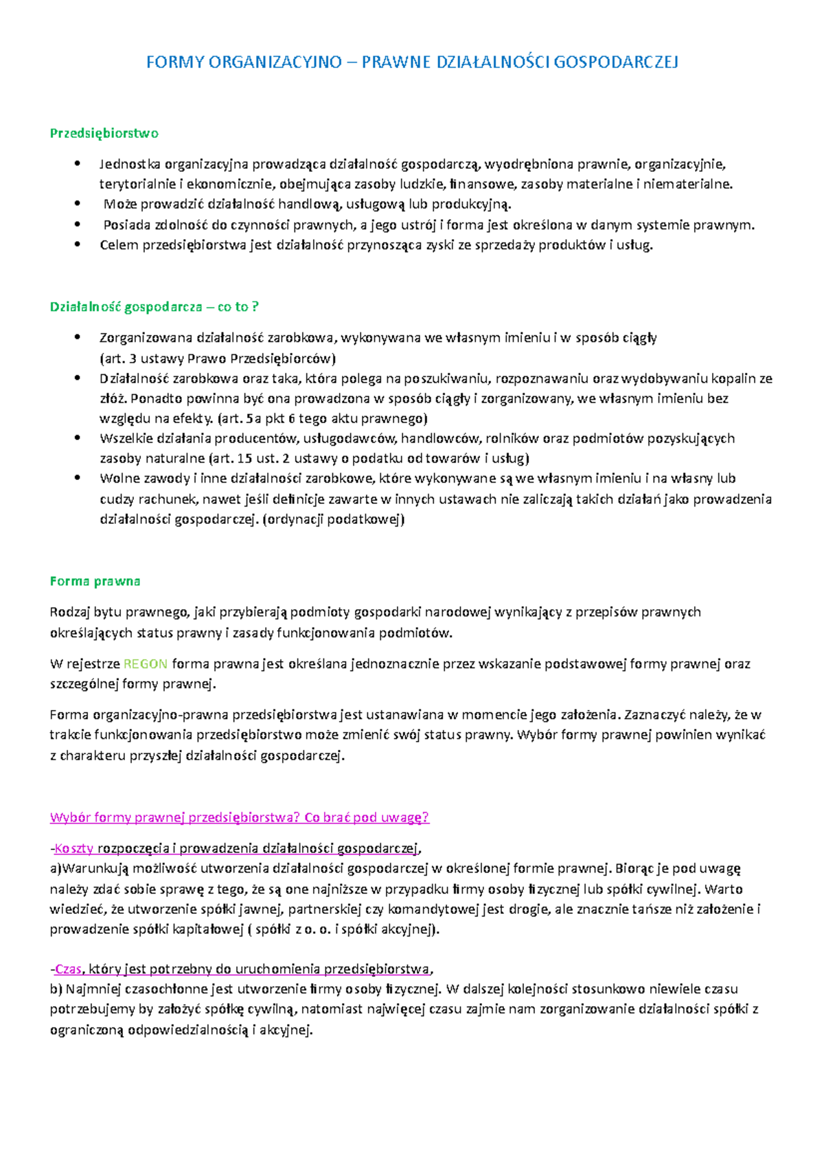 Formy Organizacyjno- Prawne DZIAŁALNOŚCI Gospodarczej - FORMY
