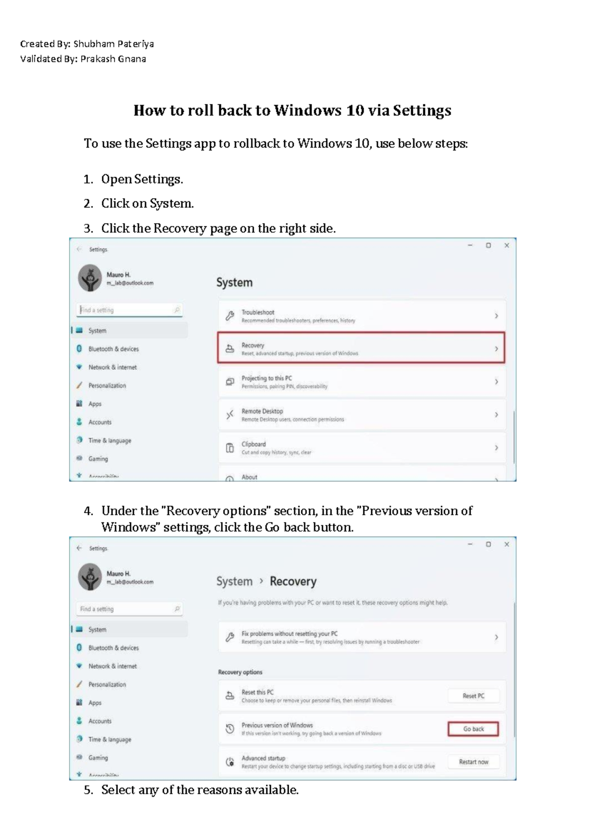 SOP- How to rollback to Windows 10 - Created By: Shubham Pateriya ...