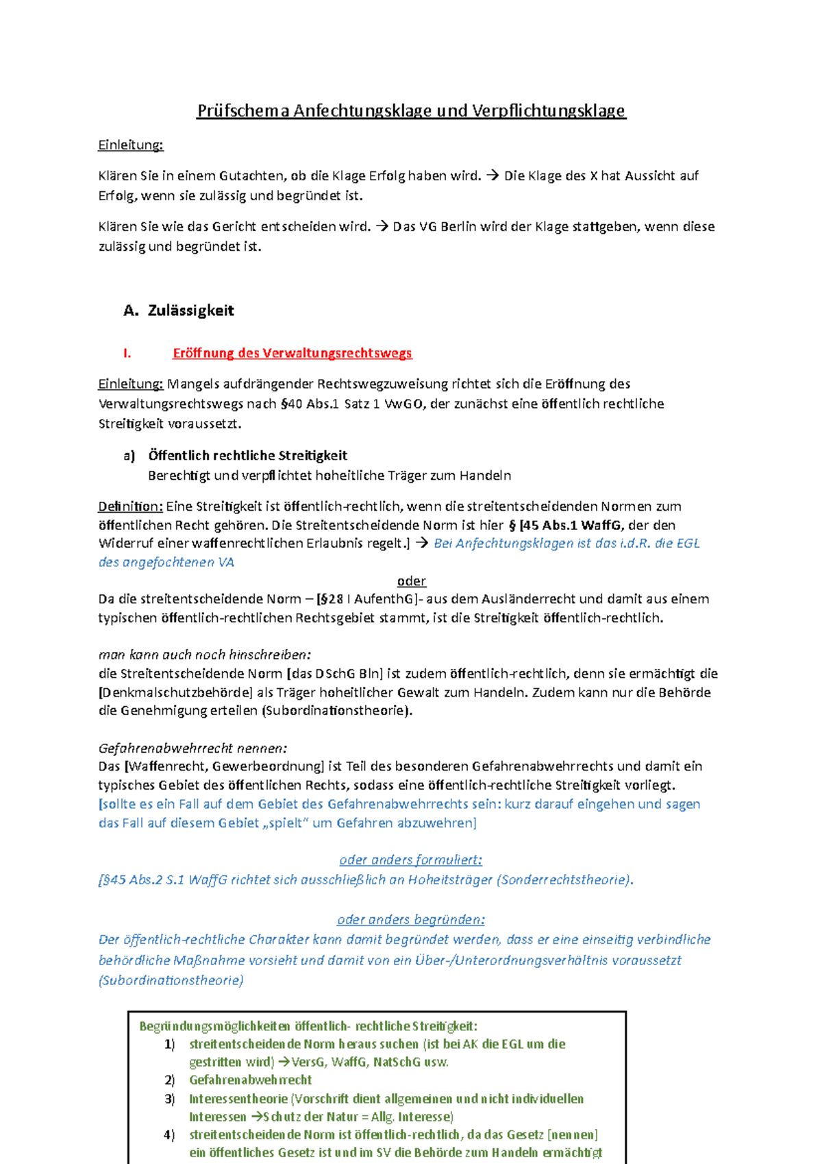 Lernzettel Prüfschema AK - Prüfschema Anfechtungsklage und ...