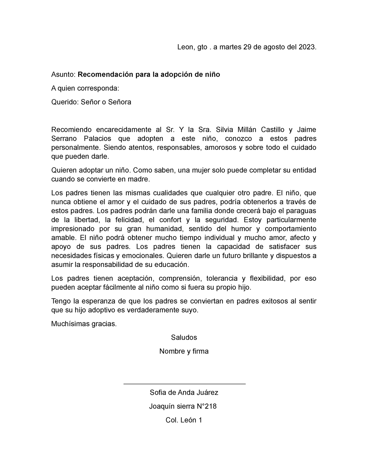 Carta De Recomendacion Adopcion Leon Gto A Martes 29 De Agosto Del