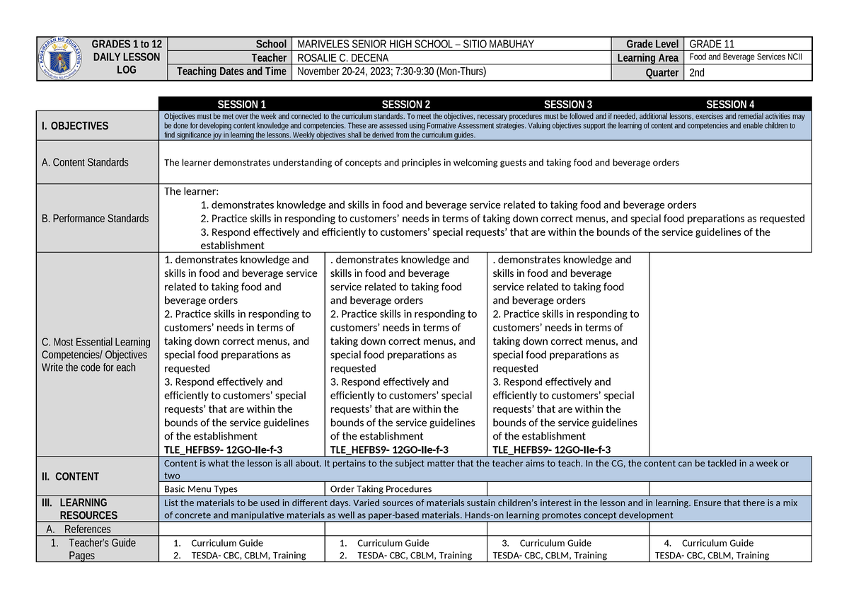 FBS WEEK-1-2 (2nd Qtr) - DLL - GRADES 1 to 12 DAILY LESSON LOG School ...