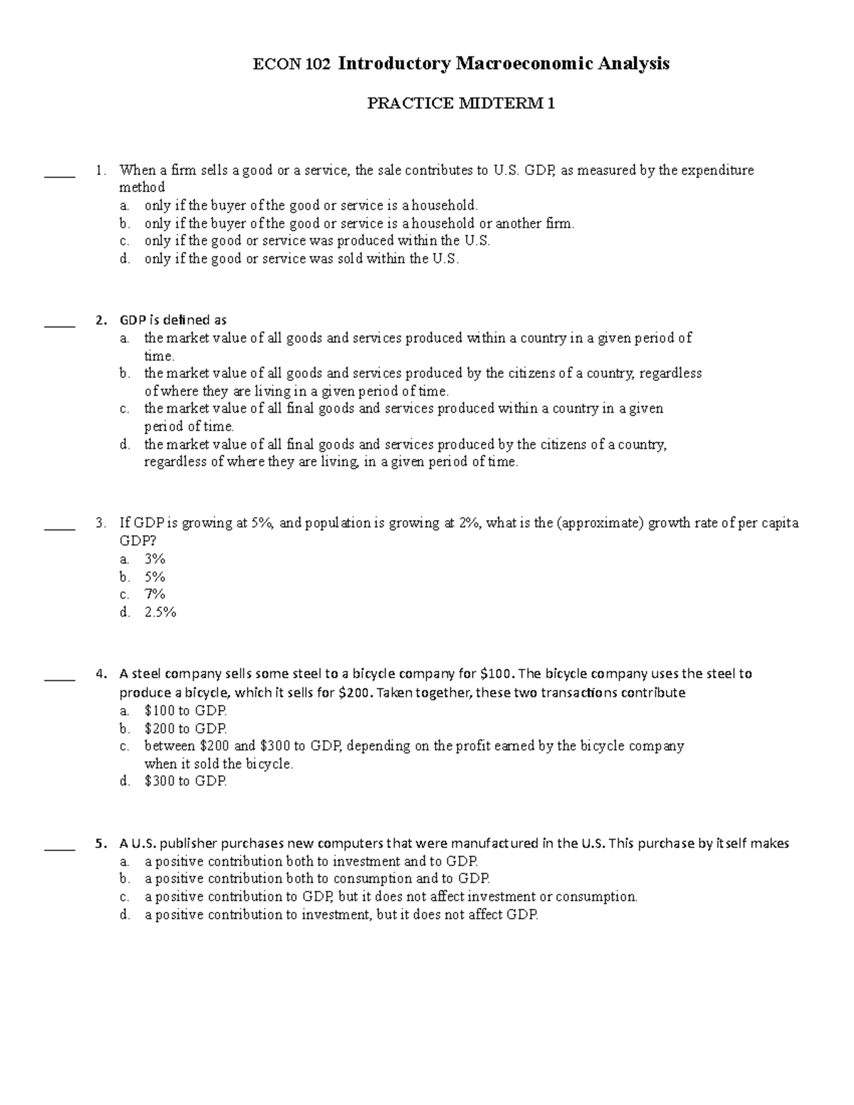 1 EC 102, Spring 2020, Practice Midterm 1 - ECON 102 Introductory ...