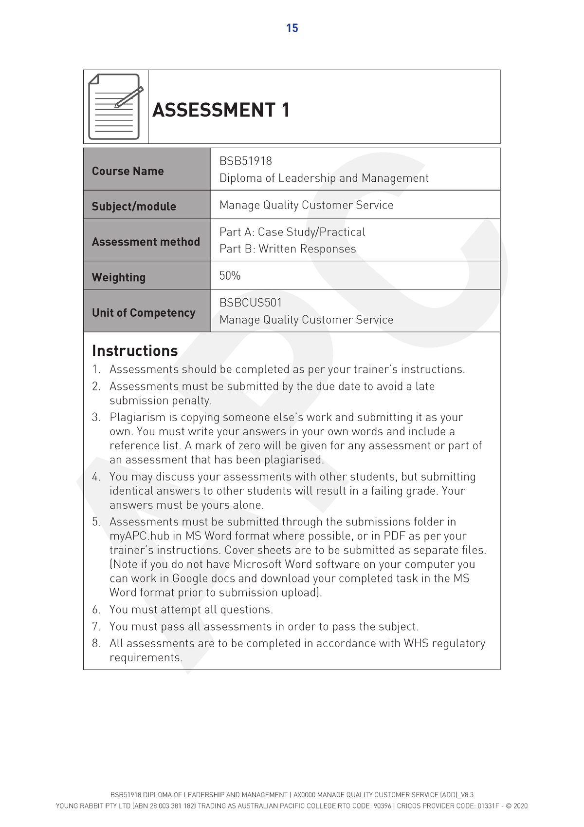 Manage Quality Customer Service Assessment 1 v8 - 15 BSB51918 DIPLOMA ...