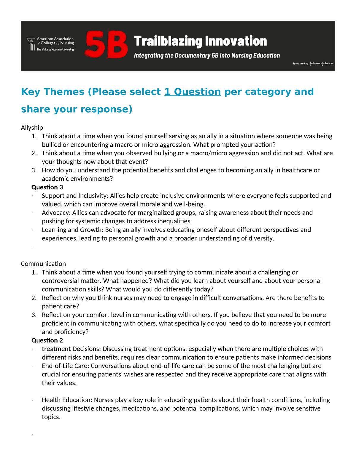 5B Key Themes Discussion answers - Key Themes (Please select 1 Question ...