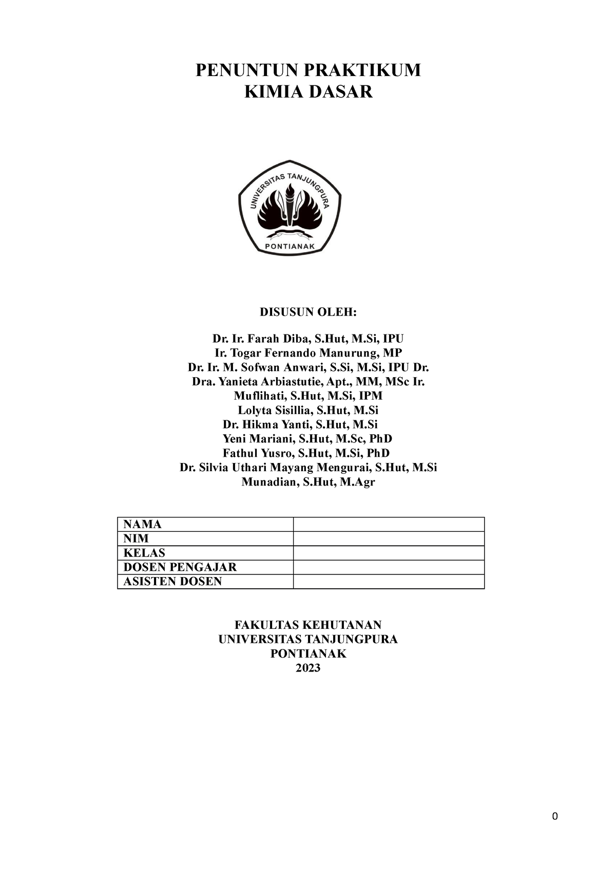 Modul Praktikum Kimia Dasar Fahutan 2023 - 0 PENUNTUN PRAKTIKUM KIMIA ...