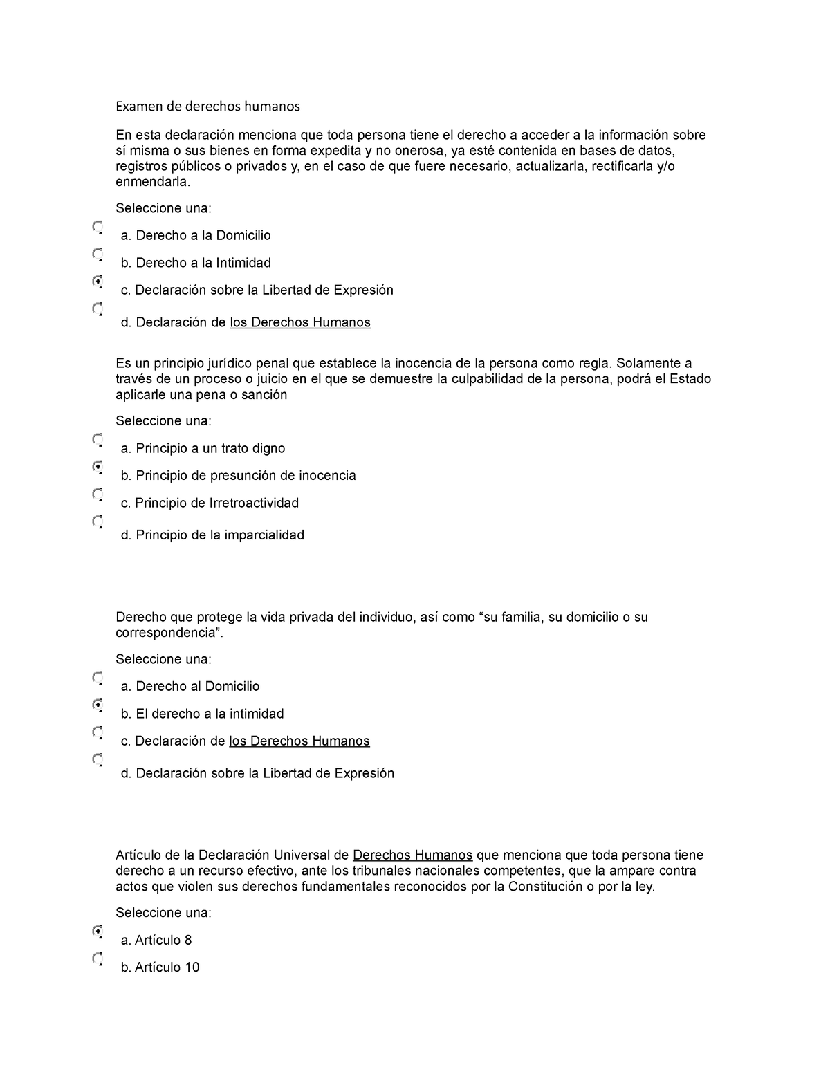 Examen De Derechos Humanos - Seleccione Una: A. Derecho A La Domicilio ...