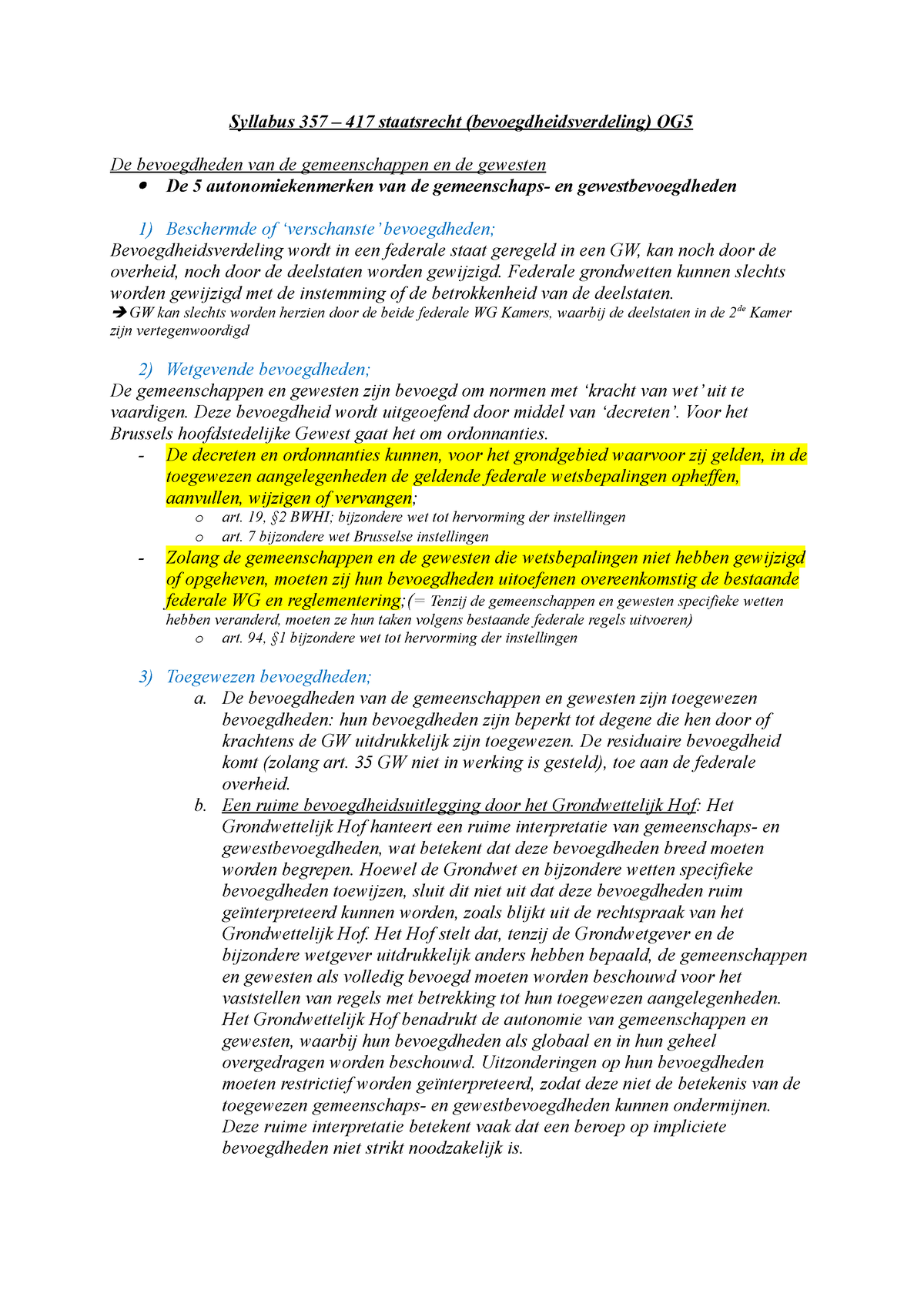 Staatsrecht OG5 - Syllabus 357 – 417 Staatsrecht (bevoegdheidsverdeling ...