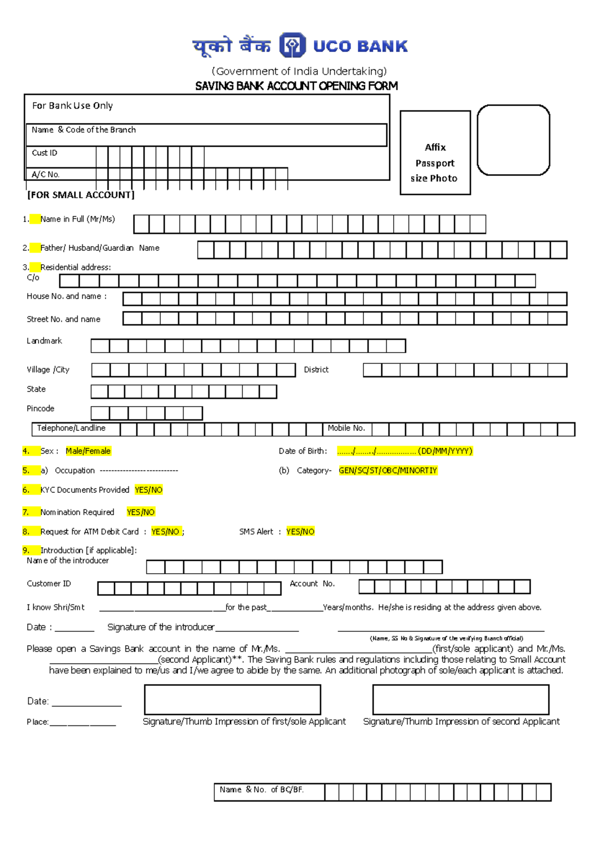 Ac form uco - uco bank account opening form - (Government of India ...