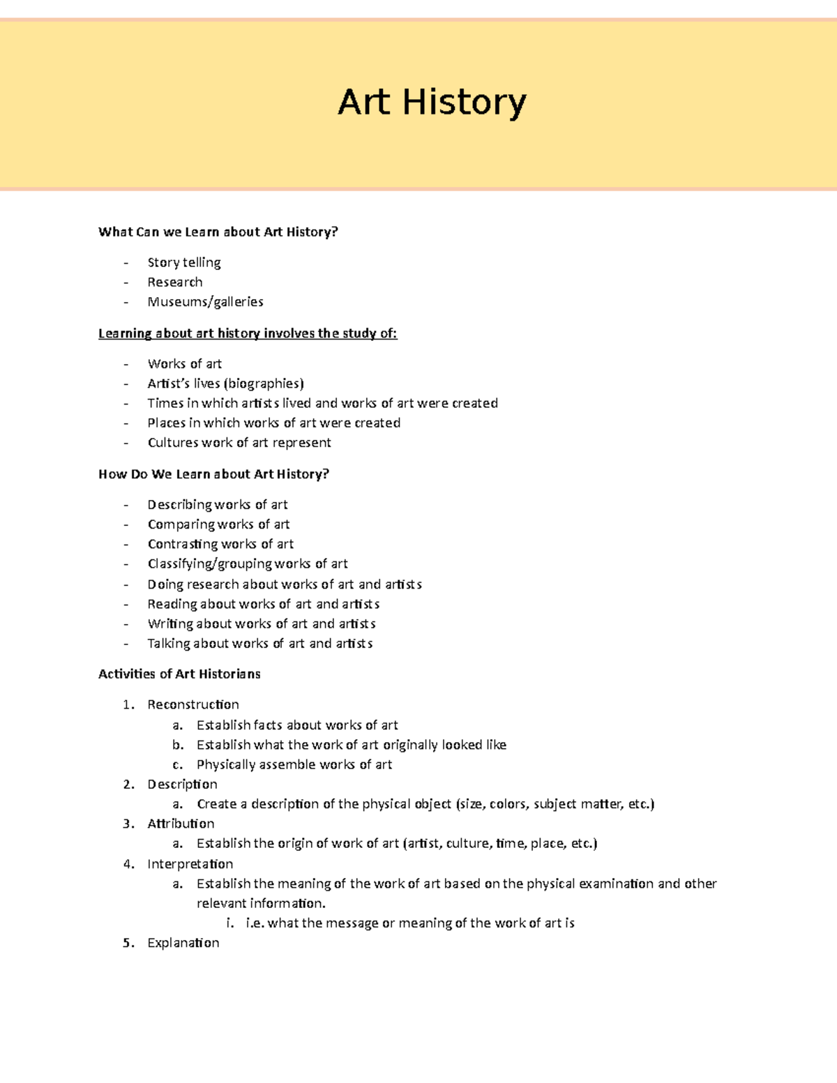 Art History Notes Dr. Bob Fall 2022 Semester What Can we Learn