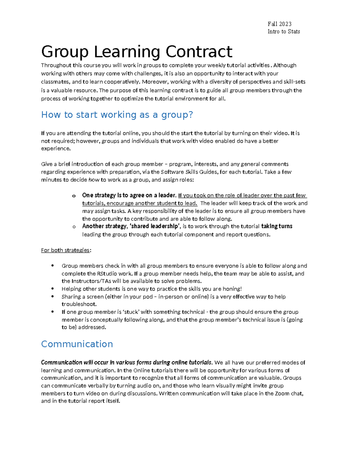 Group Learning Contract Stats Fall 2023 - Fall 2023 Intro to Stats ...