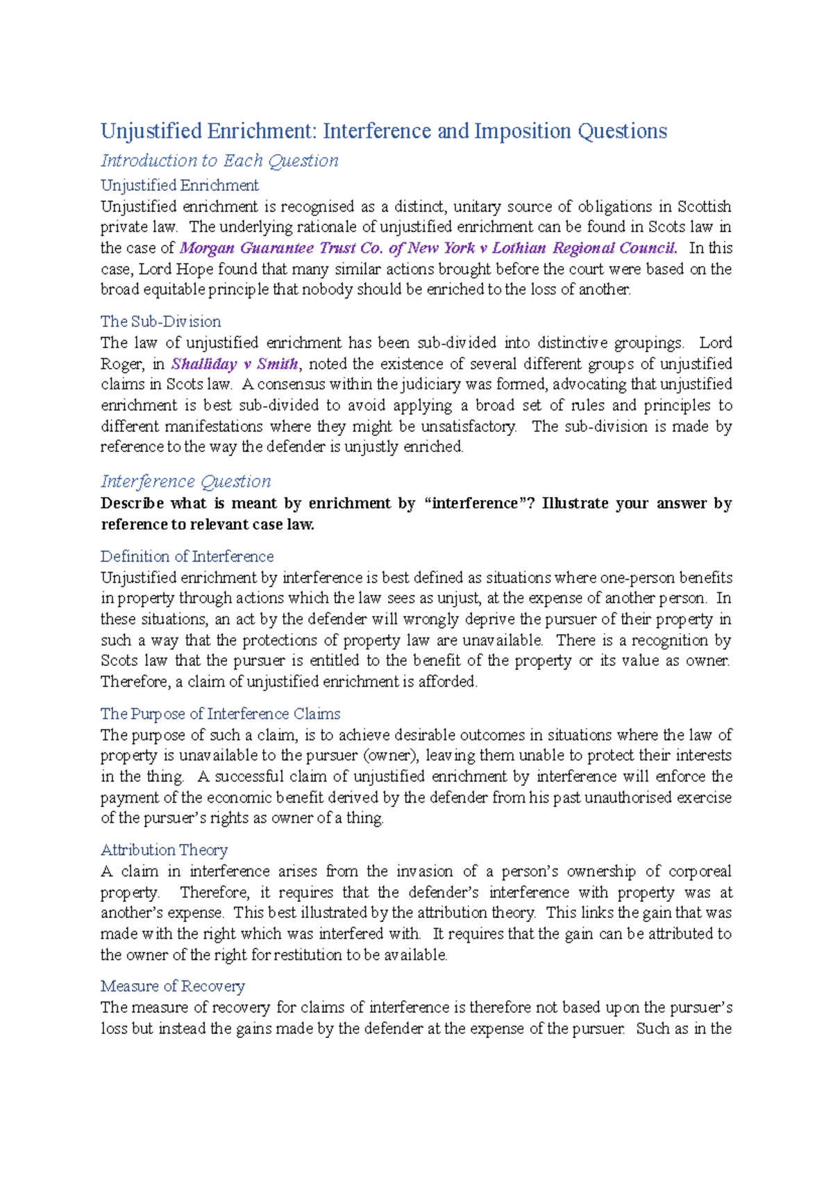 Interference and Impostion essay questions Unjustified Enrichment