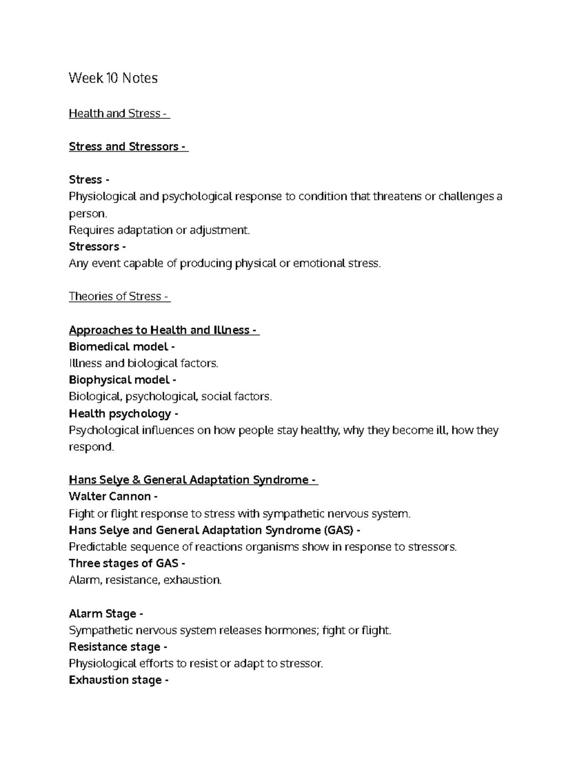 Week 10 Notes - Week 10 Notes Health and Stress - Stress and Stressors ...