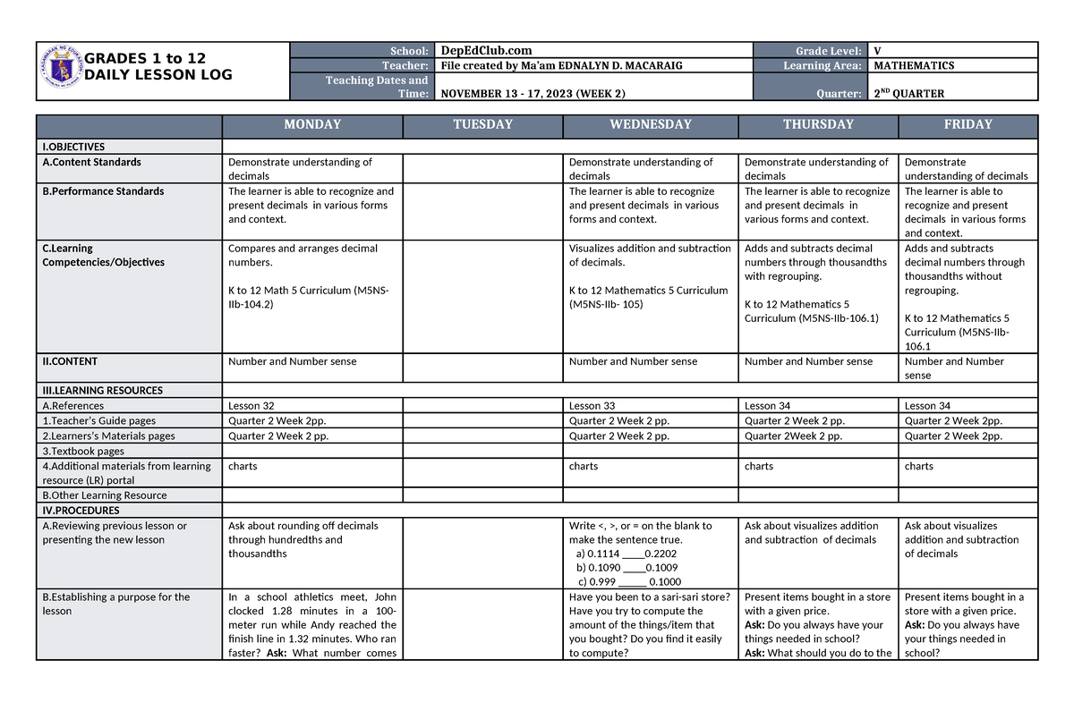 DLL Mathematics 5 Q2 W2 - Study Notes,lectures - GRADES 1 To 12 DAILY ...