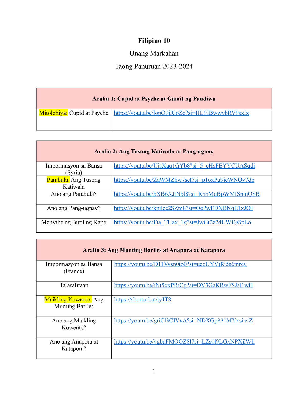 Filipino10Reviewer 1 Filipino 10 Unang Markahan Taong Panuruan 2023