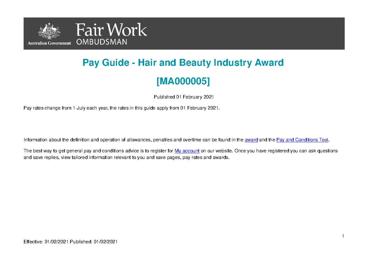 Hair and beauty industry award ma000005 pay guide Pay Guide Hair