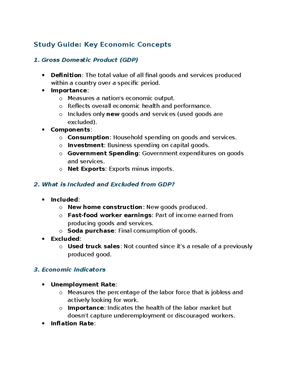 Economics study guide - Study Guide: Key Economic Concepts Gross ...