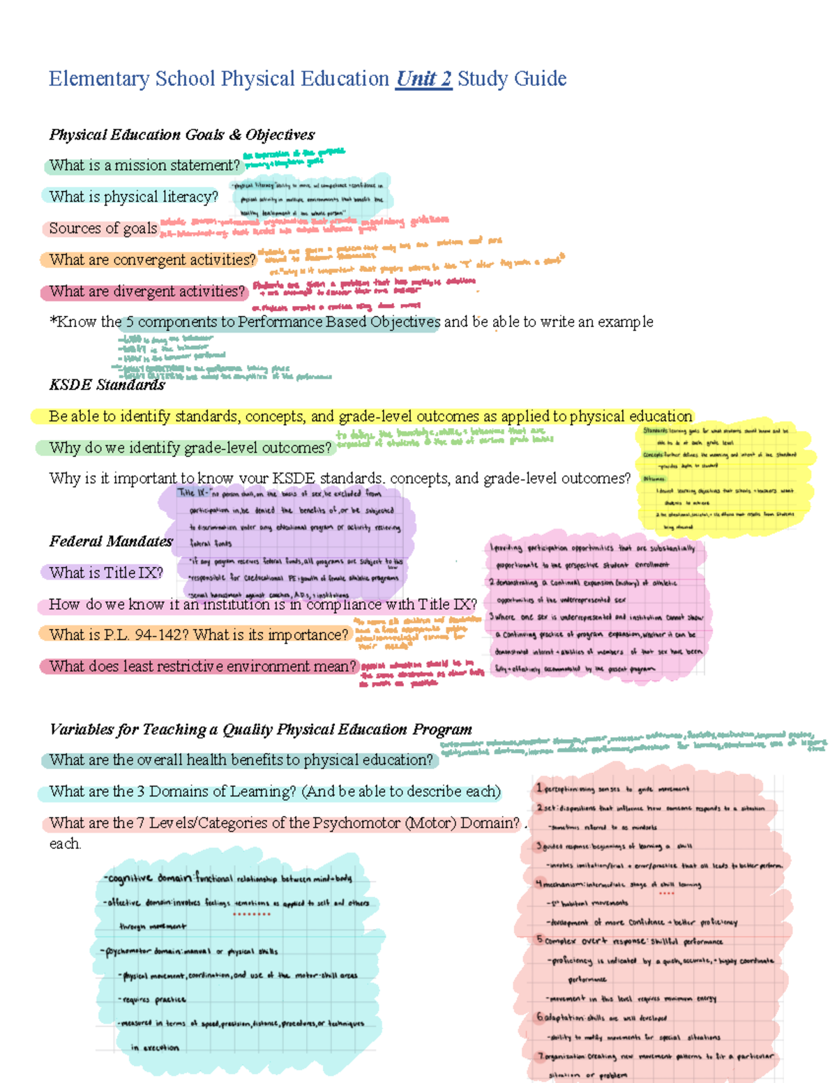 Unit Two Study Guide Elementary School Physical Education Unit 2