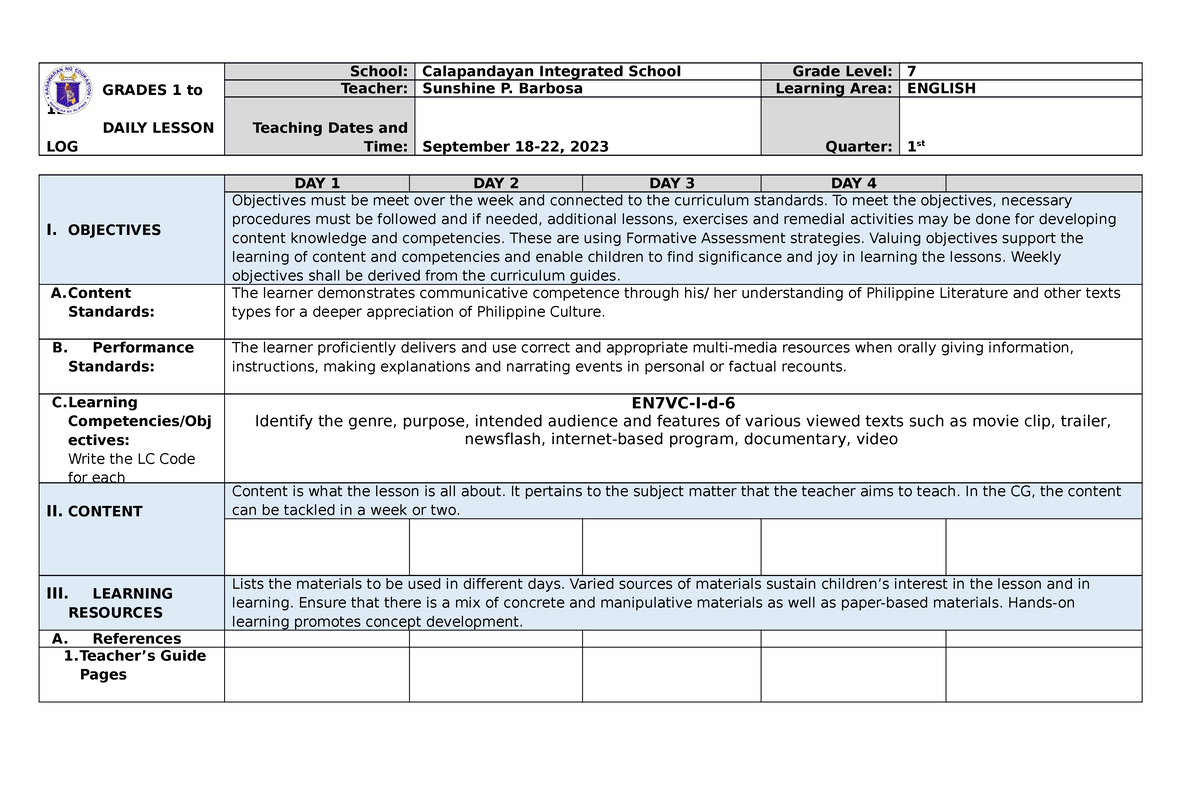 DLL 7 Q1 W4 Sept. 18-22, 2023 - GRADES 1 to 12 DAILY LESSON LOG School ...