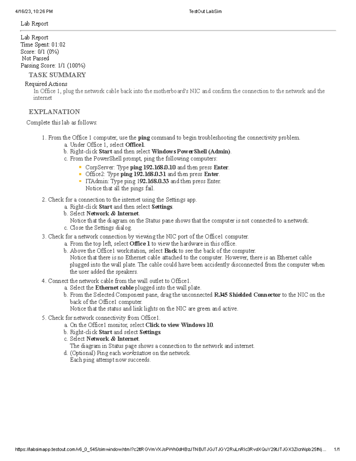 5.3.9 Troubleshoot Physical Connectivity lab 4 4/16/23, 1026 PM