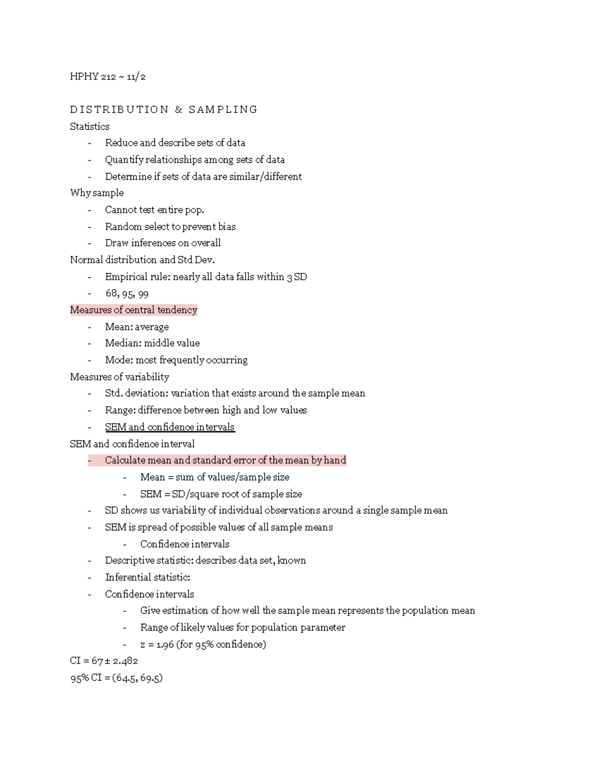 HPHY 212 Distribution and Sampling HPHY 212 11/ D I S T R I B U T I O N & S A M P L I N G