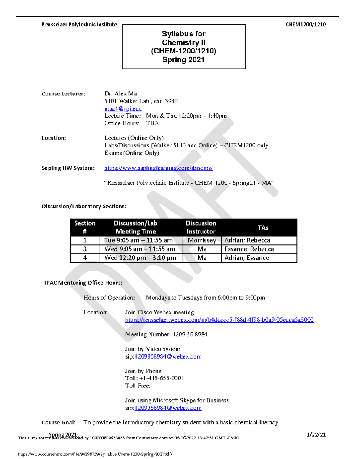 Syllabus Chem 1200 Spring 2021 - Spring 2021 1 1/22/ Syllabus For ...