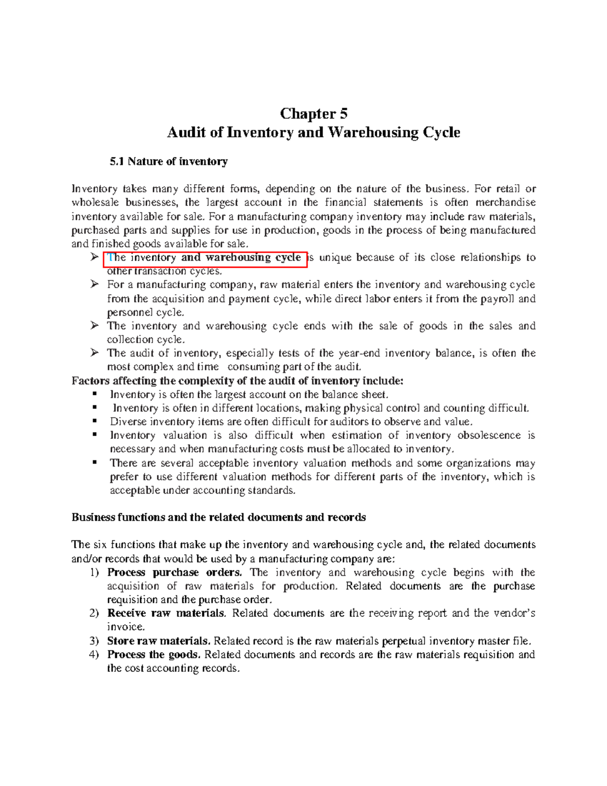 inventory and warehousing cycle Chapter 5 Audit of Inventory and