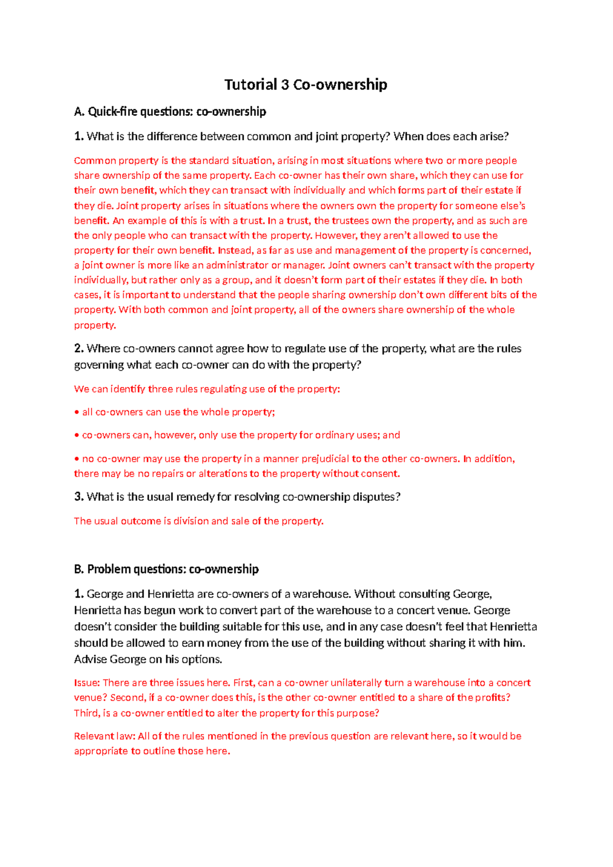 Tutorial 3 Co-ownership with answers - Tutorial 3 Co-ownership A. Quick ...