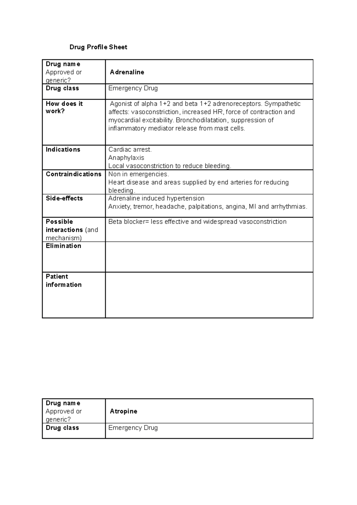 Pills 2 Drug Profile Sheet Drug name Approved or generic? Adrenaline