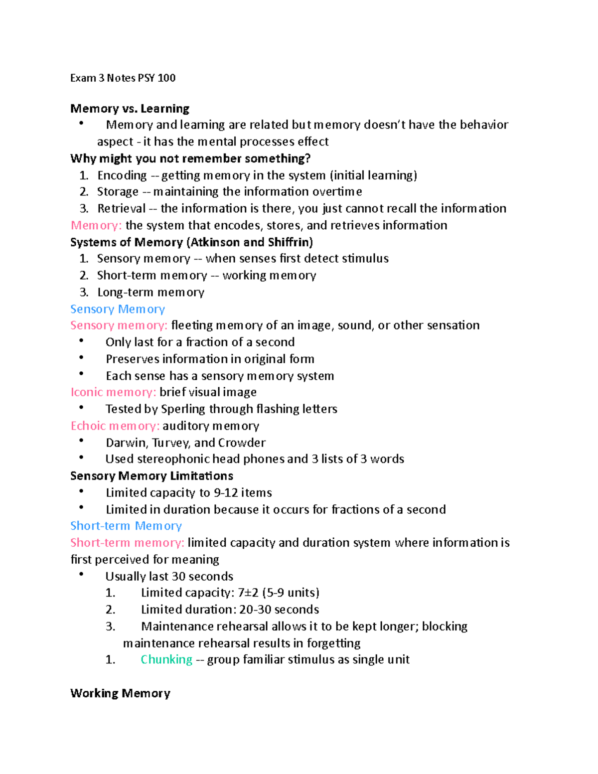 Exam 3 Notes PSY 100 - all for exam 3 - Exam 3 Notes PSY 100 Memory vs ...