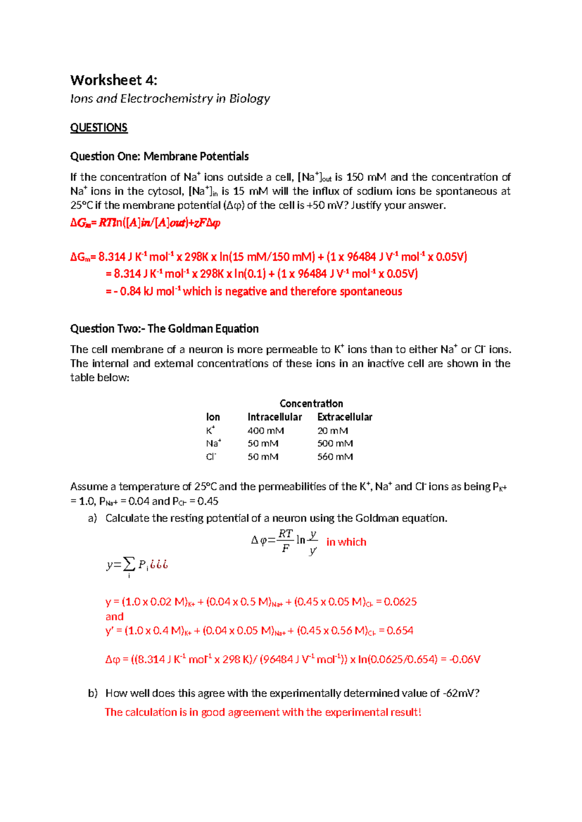 Worksheet 4 Answers Worksheet 4 Ions and Electrochemistry in Biology