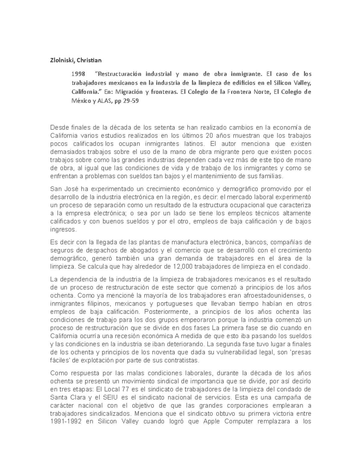 Resumen del artículo "Reestructuración industrial y mano de obra