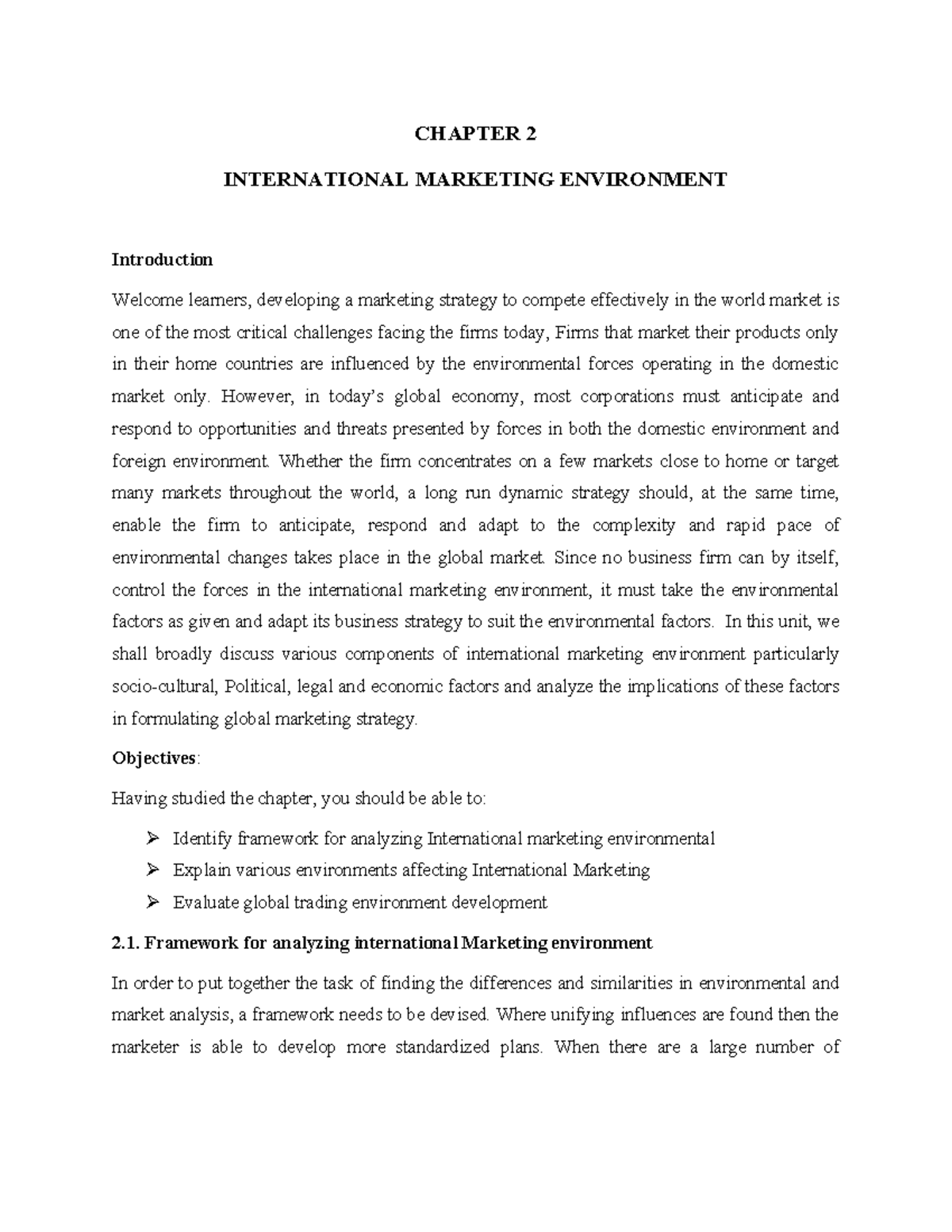 Chapter 2 - CHAPTER 2 INTERNATIONAL MARKETING ENVIRONMENT Introduction ...