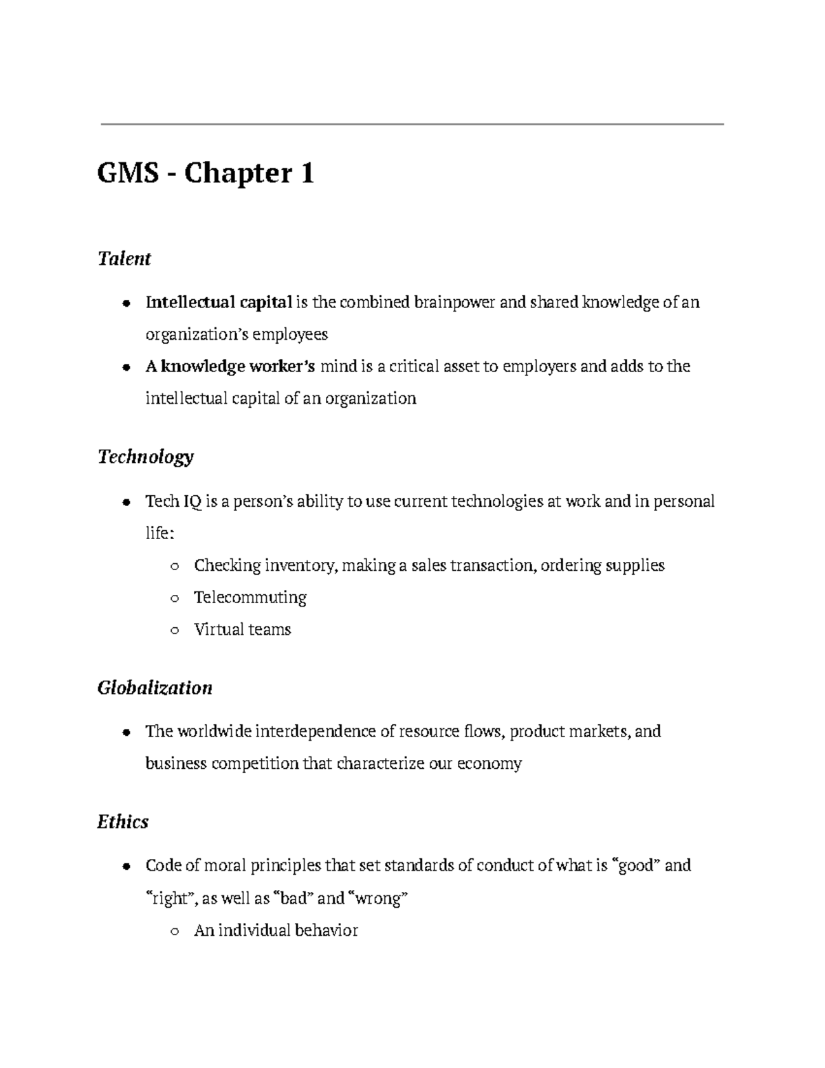 GMS 200 Master Notes - GMS - Chapter 1 Talent Intellectual capital is ...