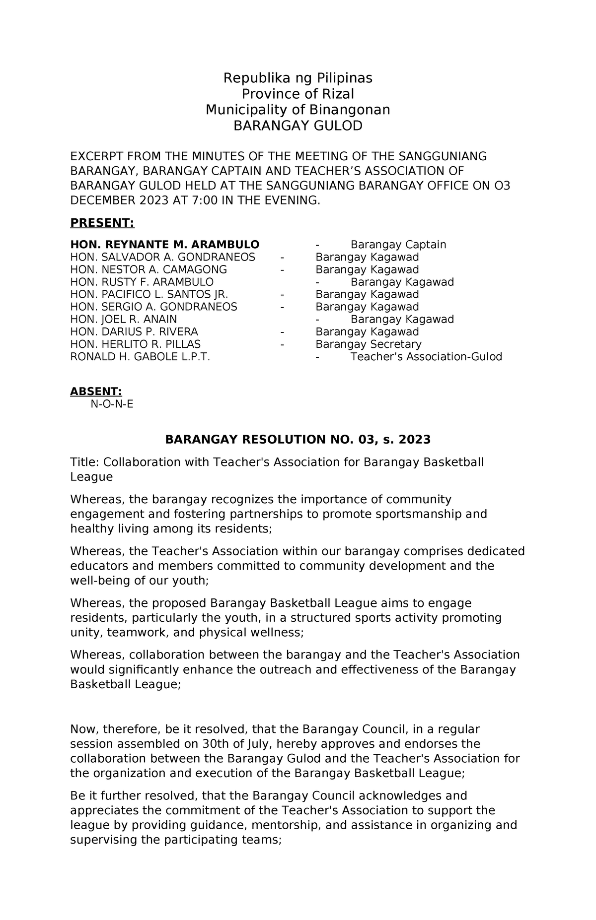 Barangay- Resolution-NO - Republika ng Pilipinas Province of Rizal ...