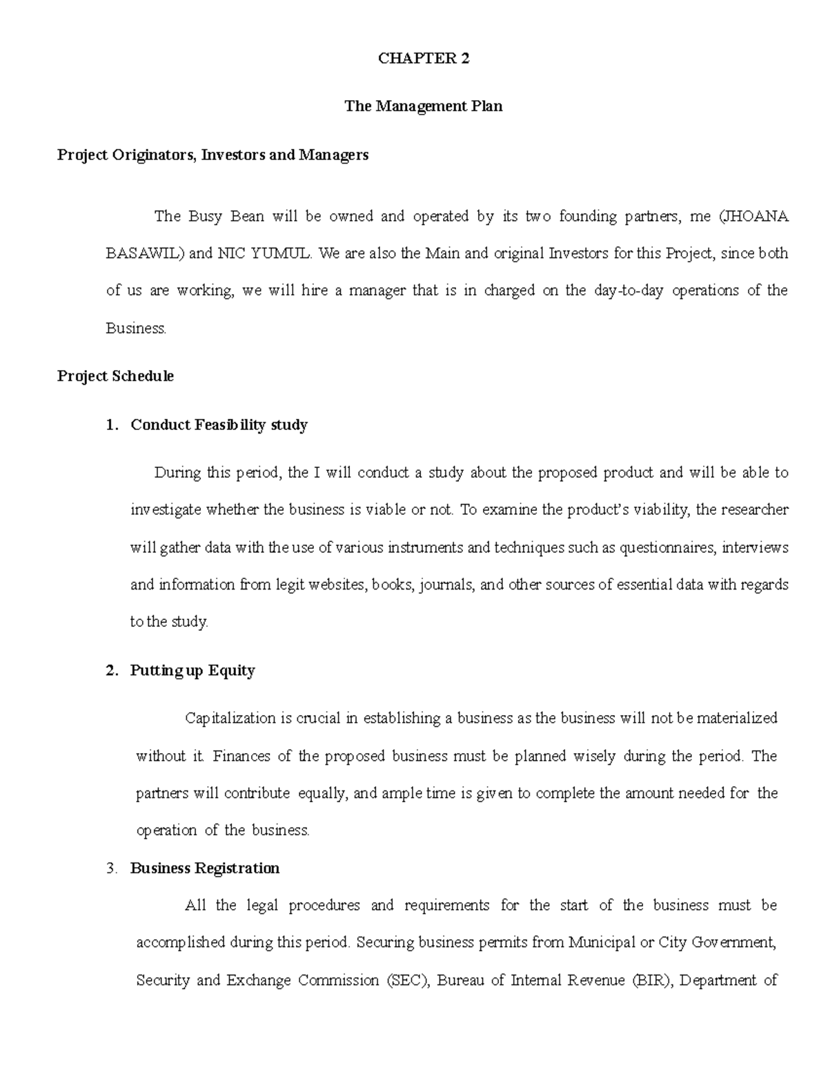 Chapter 2 feasibility study chapter 2 the management plan project