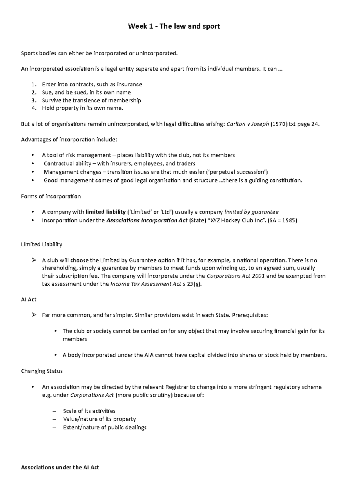Summary Sports Law Lecture 1 10 , Complete Week 1 The law and