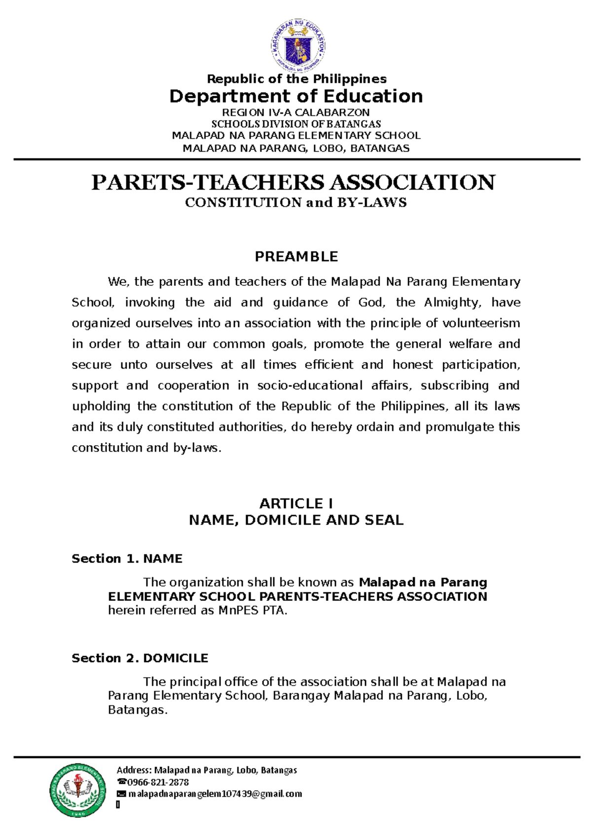 GPTA BY LAWS 2022 - BY LAWS - Department of Education REGION IV-A ...