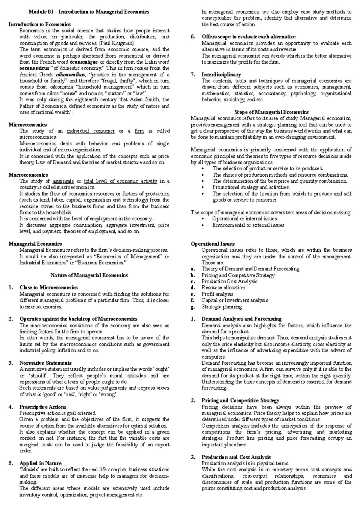 Notes - Module 01 (Introduction To Managerial Economics) - Module 01 ...