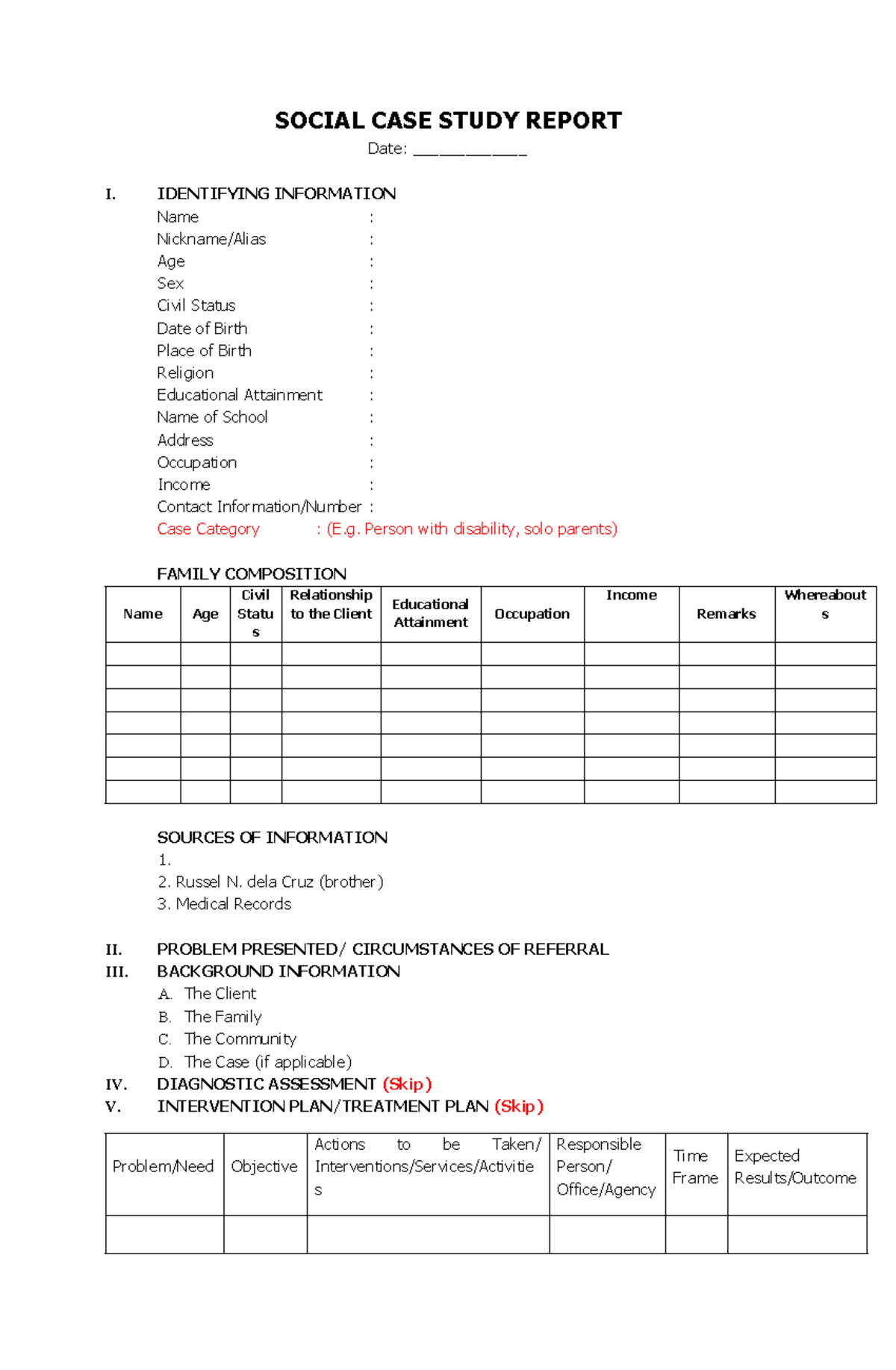 what are the requirements for social case study report