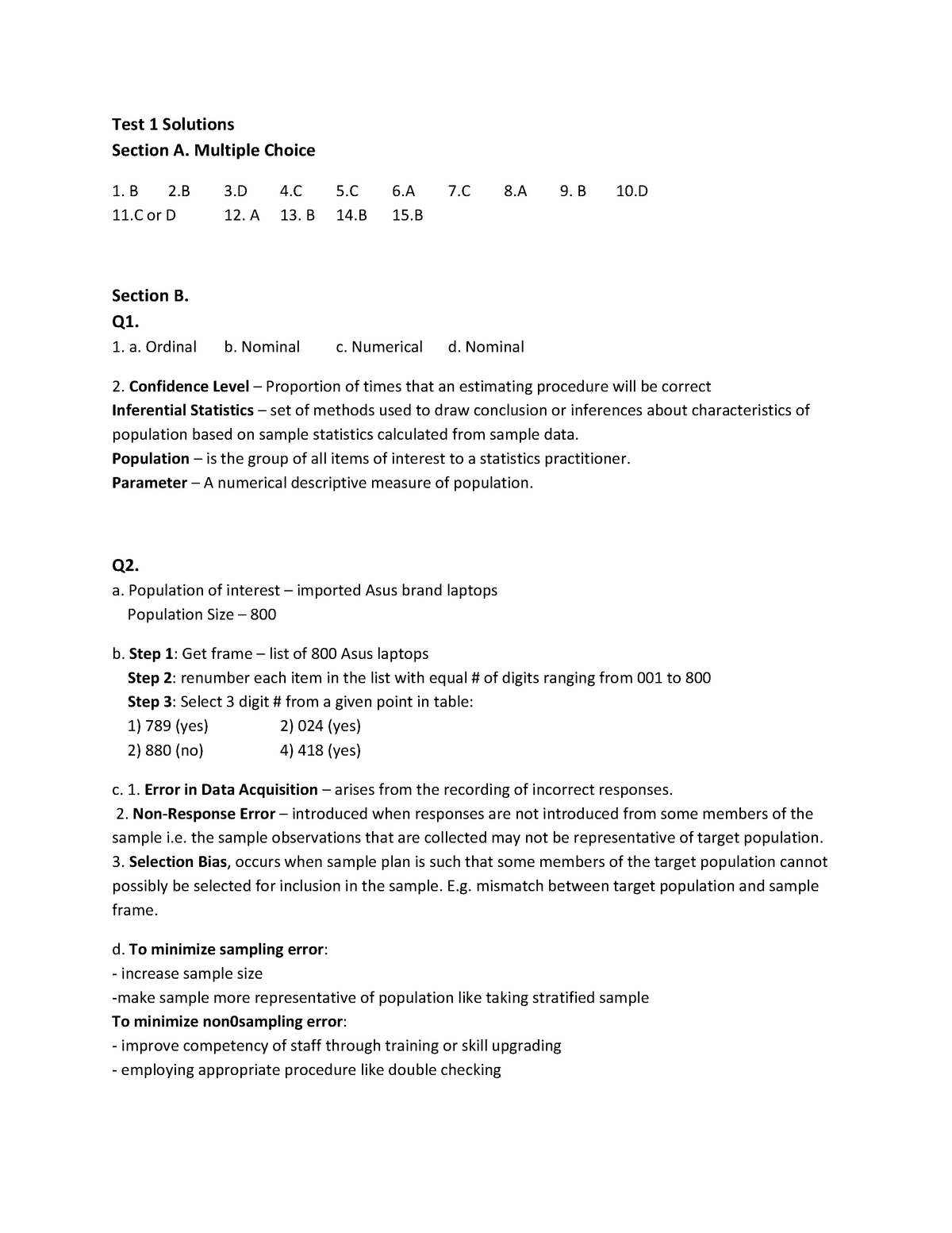 Test 1 - Test 1 Solutions Section A. Multiple Choice 1. B 2 3 4 5 6 7 8 ...