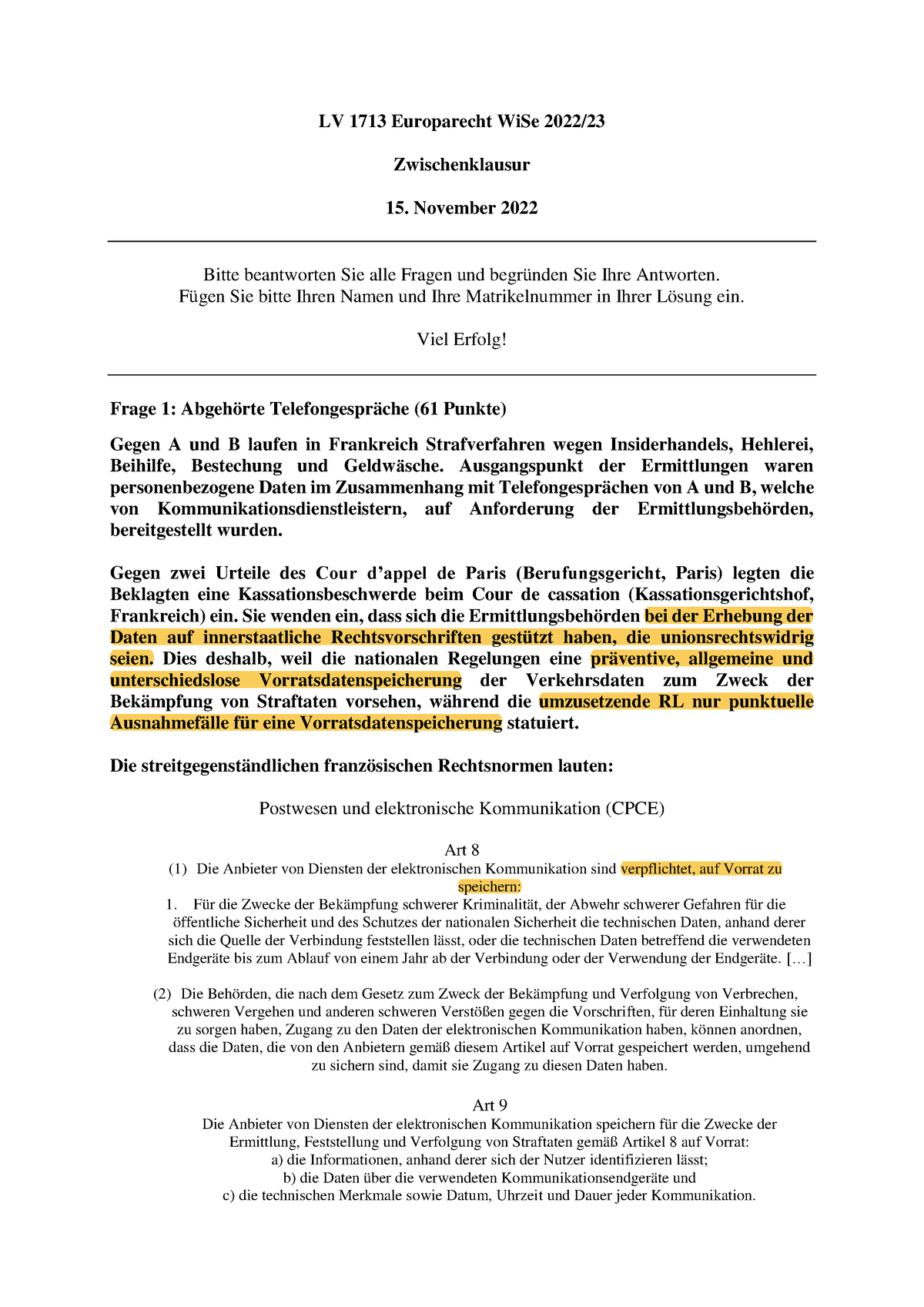 Zwischenklausur 15.11.2022 - LV 1713 Europarecht WiSe 2022 ...