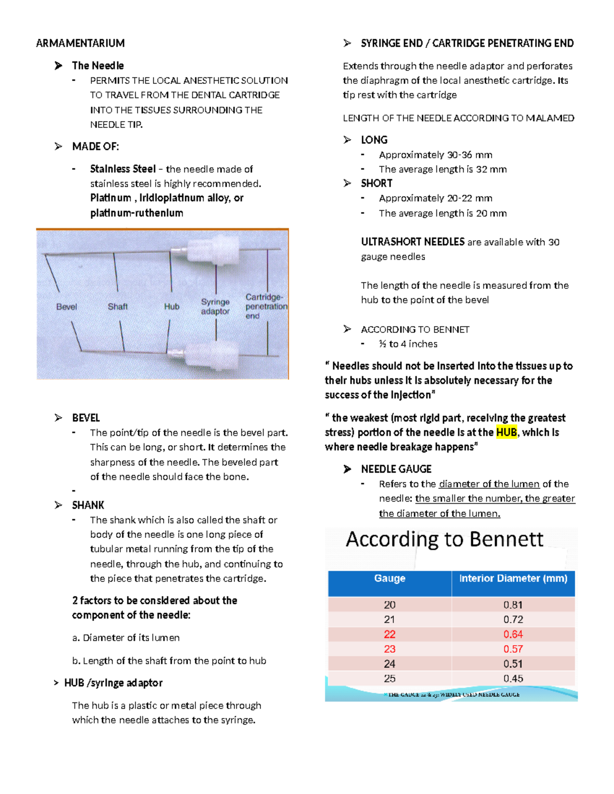 Armamentarium anes ARMAMENTARIUM The Needle PERMITS THE LOCAL