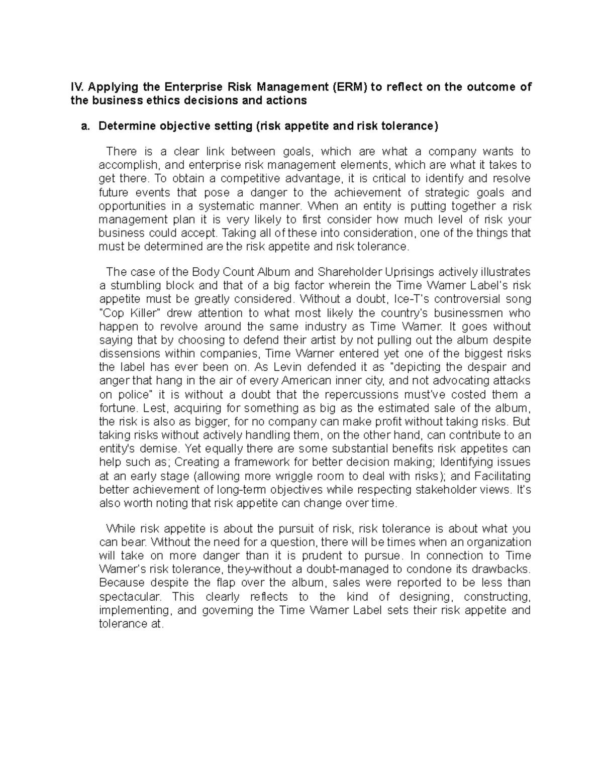Comprehensive Case Study - IV. Applying the Enterprise Risk Management ...