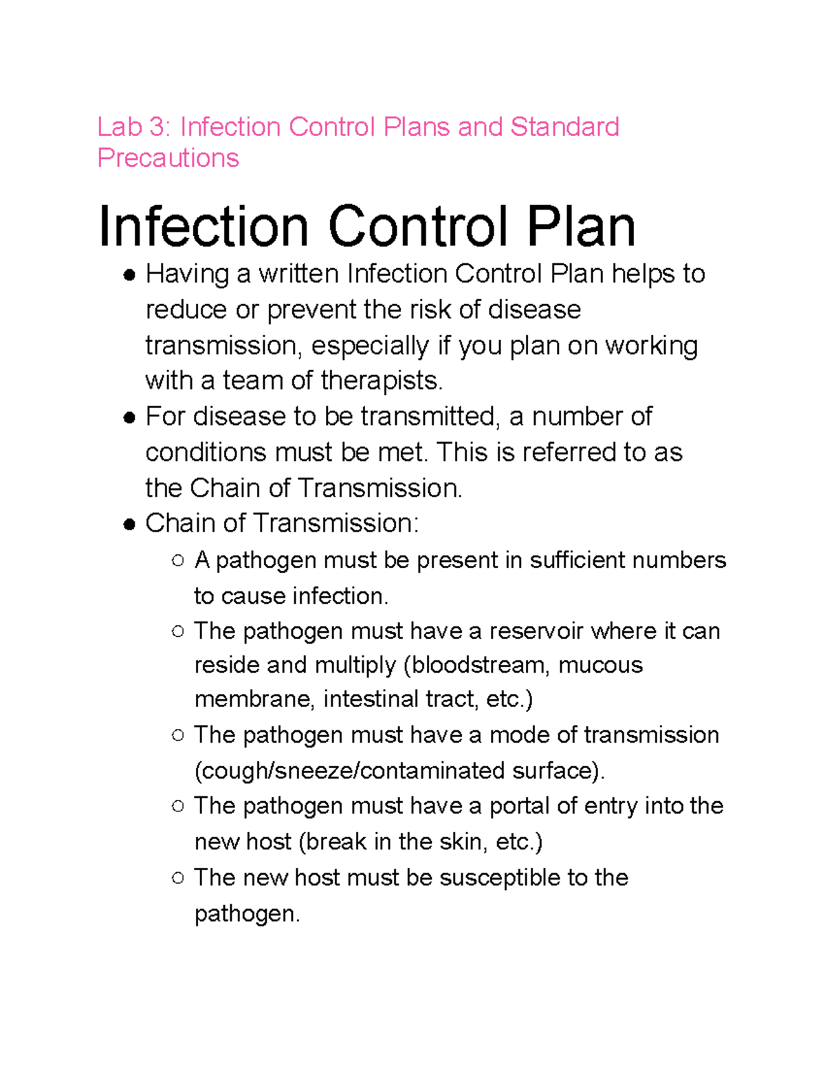 Lab 3 Infection Control Plans And Standard Precautions - Lab 3 ...