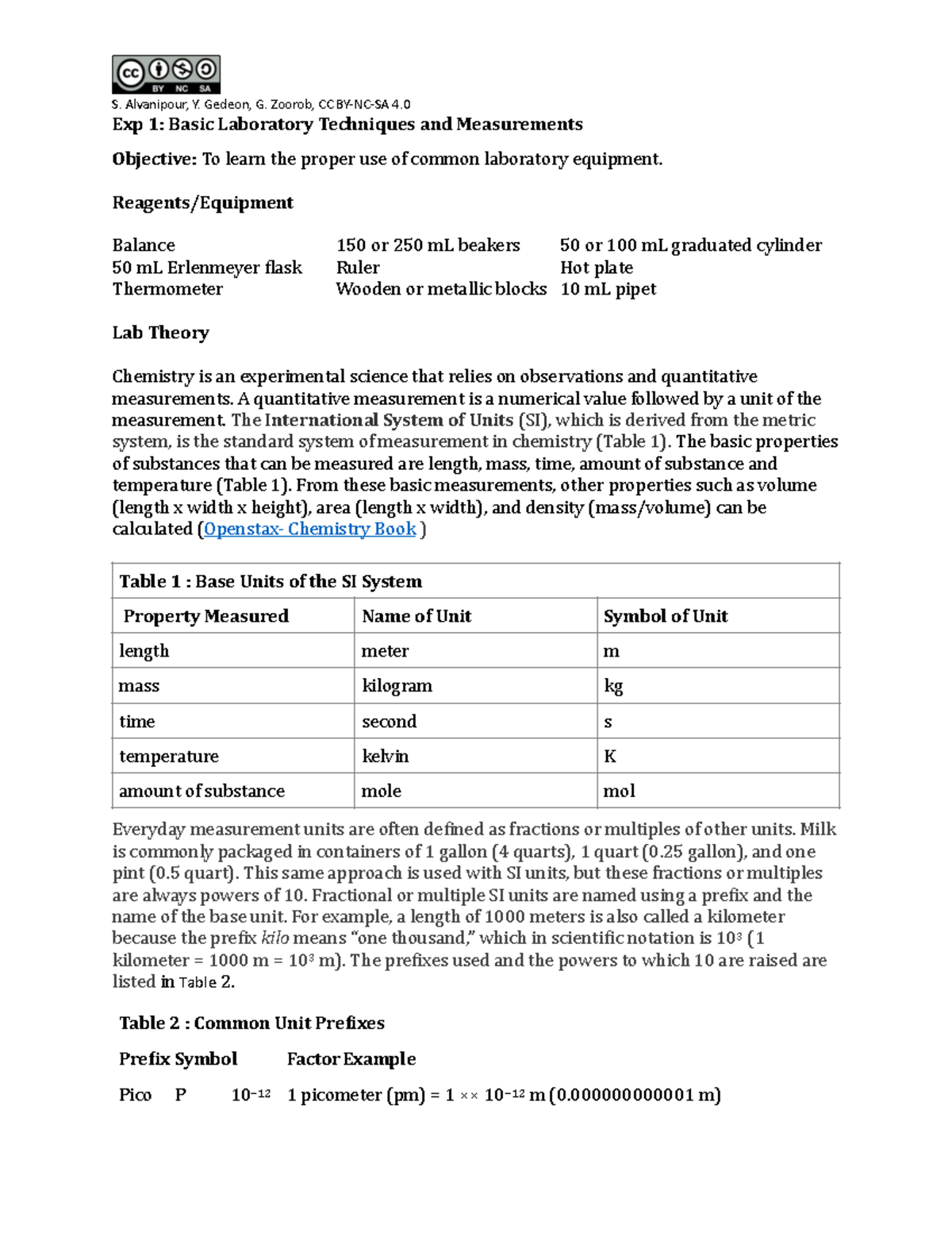Lab techniques doc is a manual with practice questions Exp 1 Basic Laboratory Techniques