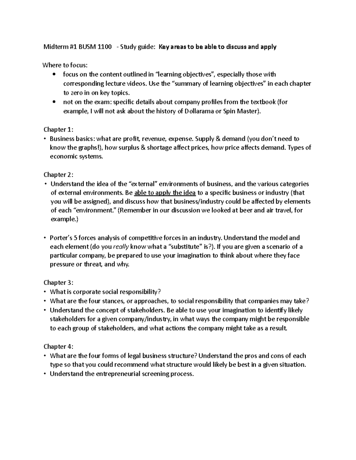 Midterm 1 Study Guide - Midterm #1 BUSM 1100 - Study Guide: Key Areas ...