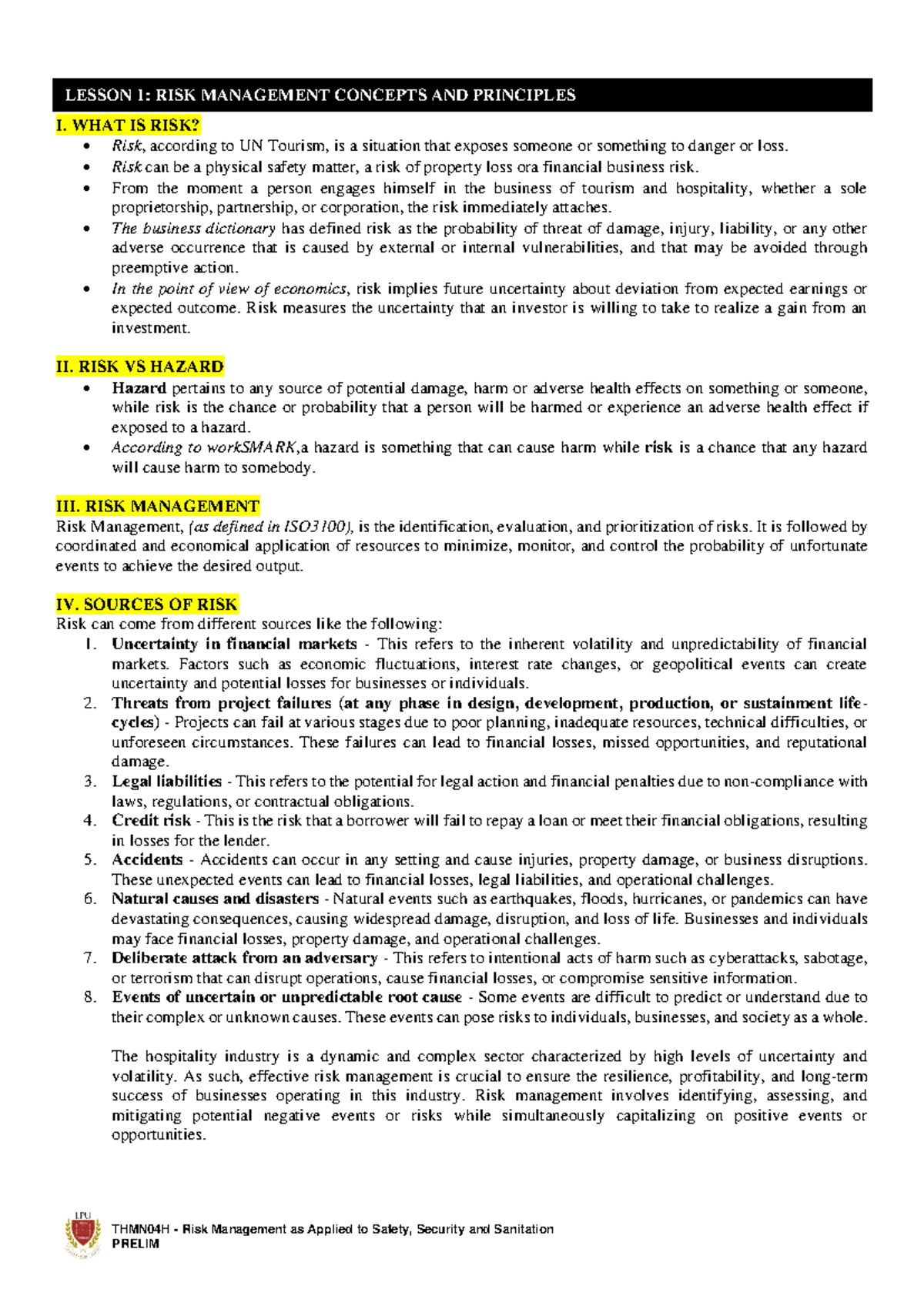 Prelim-RISK - This is a preliminary notes about risk - THMN04H - Risk ...