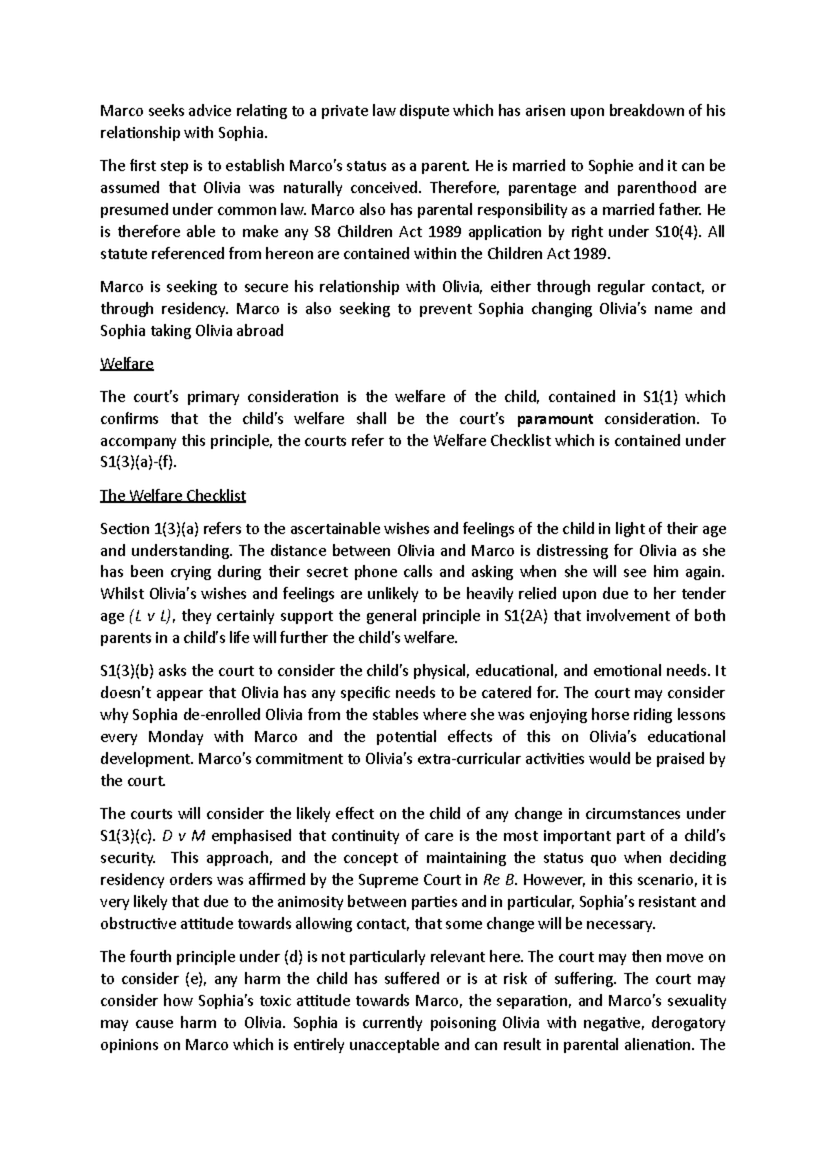 Child Law formative answer Marco seeks advice relating to a private