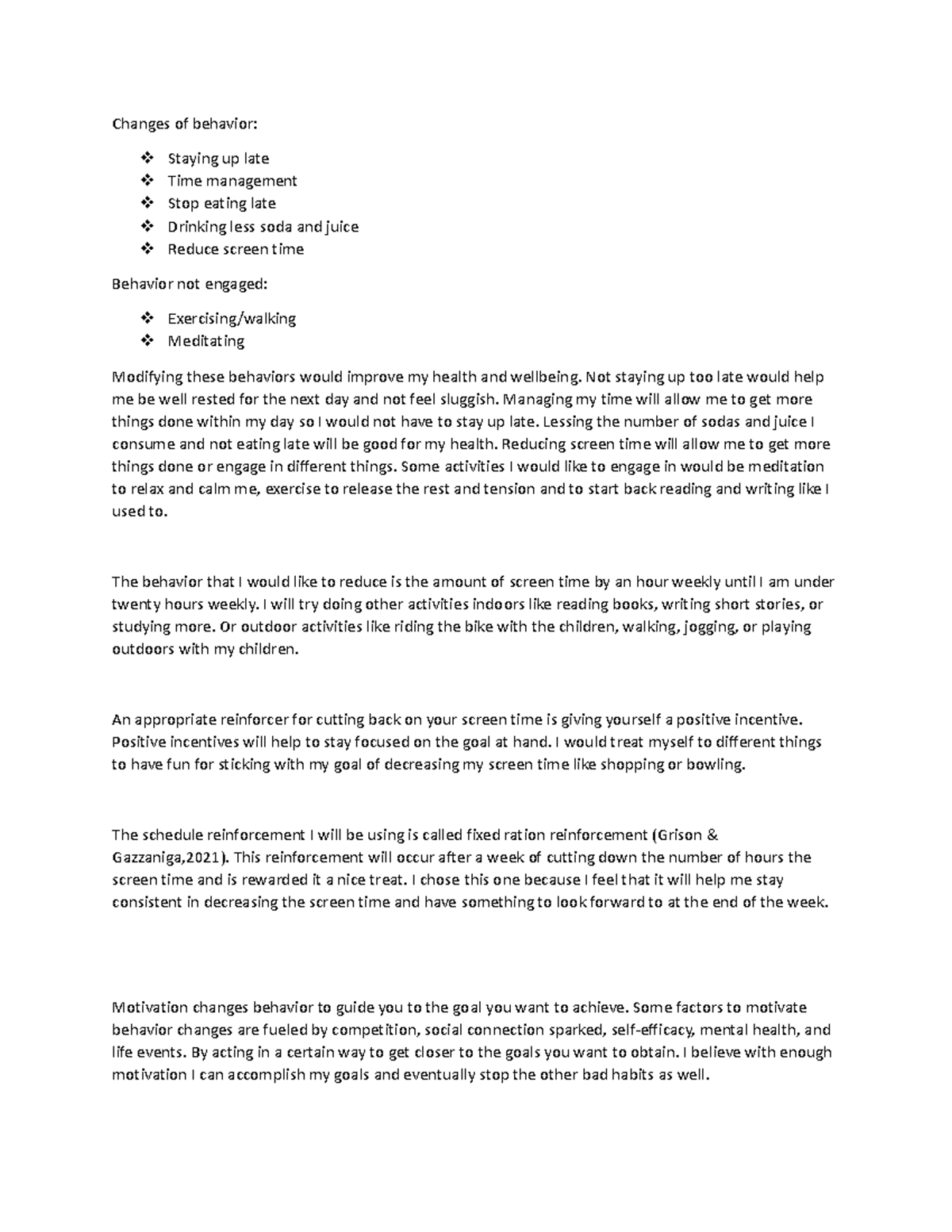 PSY-102-T4-Behavior Modification Plan Reponses - Changes of behavior ...